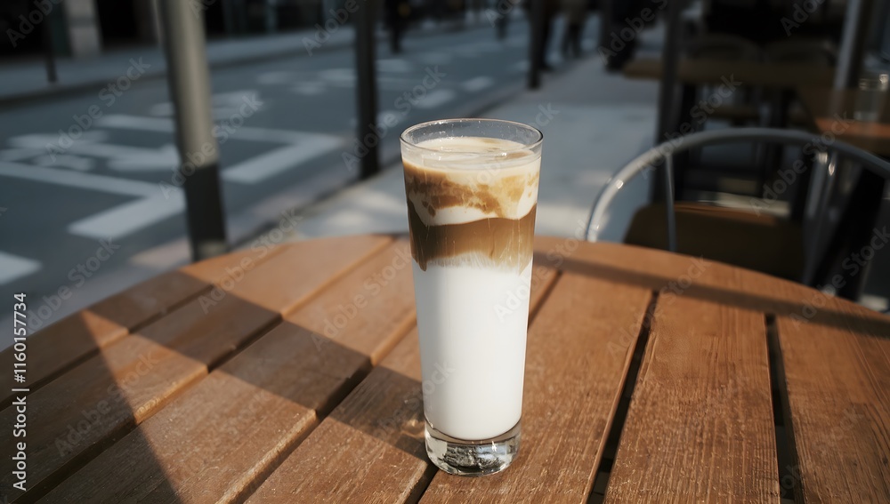 Iced Dalgona Coffee on Wooden Table Iced Dalgona Coffee on Wooden Table