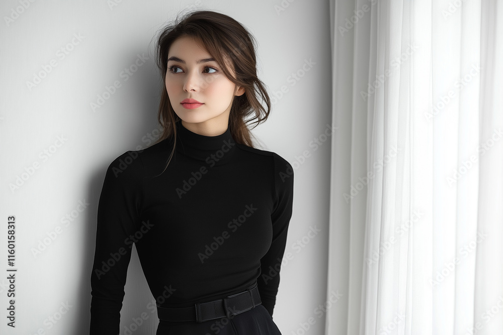 A woman in a black dress is standing in front of a white wall Generative Ai. A woman in a black dress is standing in front of a white wall Generative Ai.