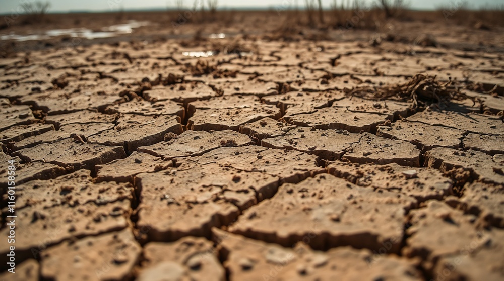 Fototapeta premium Close-Up of Parched Crackled Soil in a Drought-Stricken Landscape