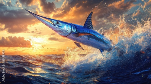 Marlin Leaping Through the Waves at Sunset