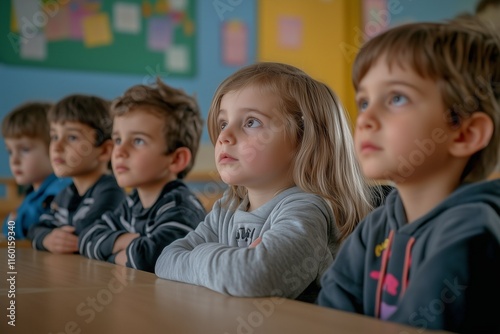 A group of cute kids attentively listening in a colorful school classroom, focused and engaged, showcasing the essence of learning and curiosity.