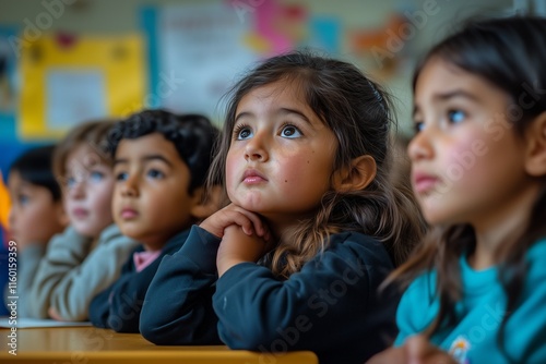 A group of cute kids attentively listening in a colorful school classroom, focused and engaged, showcasing the essence of learning and curiosity.