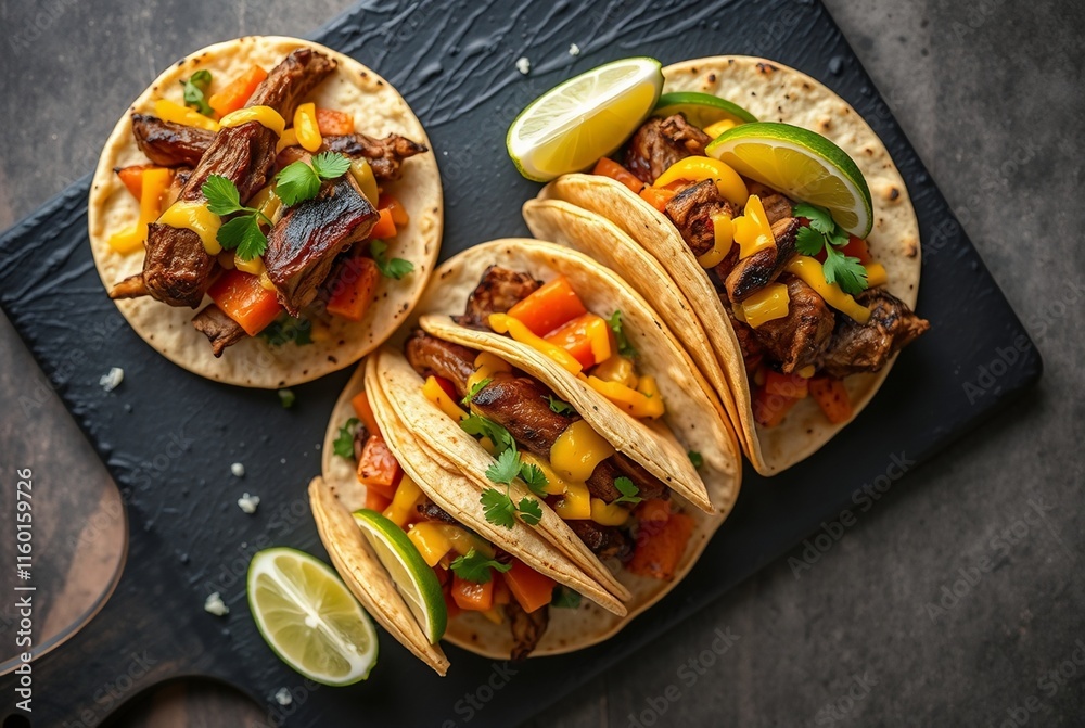 Gourmet Chicken Tacos with Fresh Vegetables and Lime Garnish on a Slate Board