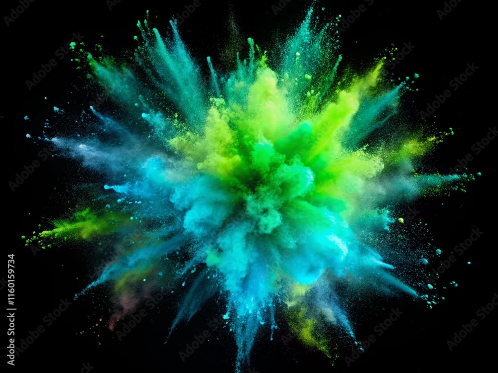 Fototapeta premium Neon Green And Blue Color Powder Pulver Explosions Isolated On Background