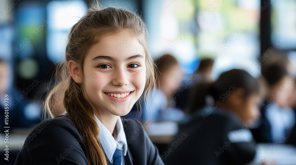 A smiling teenager in a classroom wearing a school uniform, highlighting education and college atmosphere with a cheerful and focused vibe.
A smiling teenager in a classroom wearing a school uniform, highlighting education and college atmosphere with a cheerful and focused vibe.