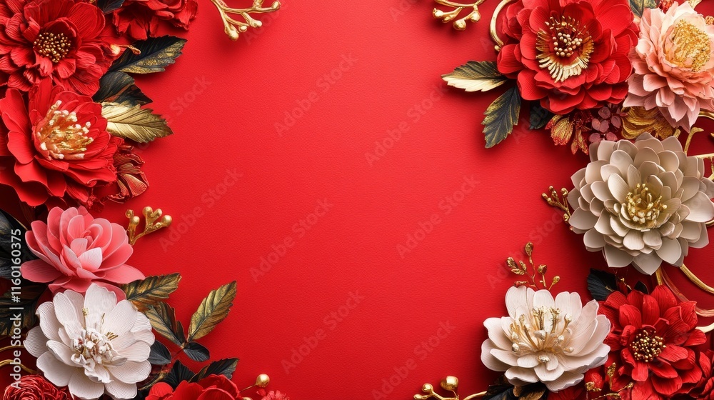 A vibrant red background adorned with intricate paper flowers in various colors and gold accents. A vibrant red background adorned with intricate paper flowers in various colors and gold accents.