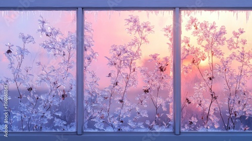 Frozen plants displayed on a window during sunset photo