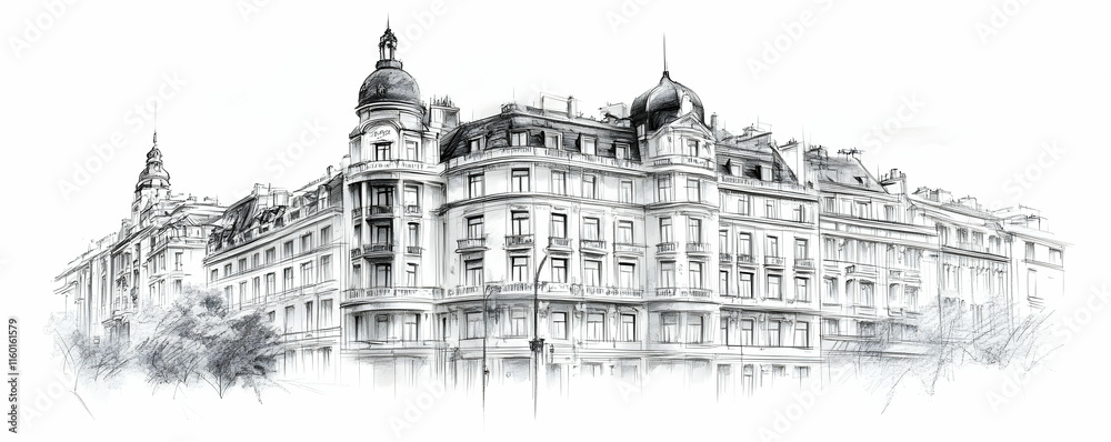 A detailed architectural sketch of a grand building with ornate features. A detailed architectural sketch of a grand building with ornate features.