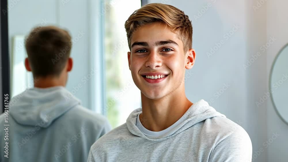 Teen boy smiling confidently in casual hoodie by the mirror in bright indoor setting during morning Teen boy smiling confidently in casual hoodie by the mirror in bright indoor setting during morning
