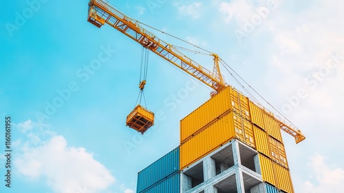 A crane lifting a container unit into position on a multistory residential project photo