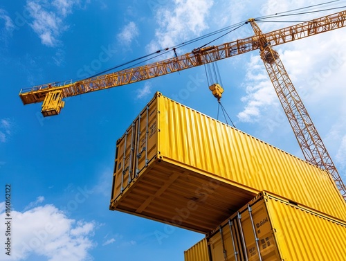 A waterfront container residential project with scaffolding and cranes in the background