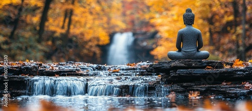 A serene Buddha statue sits by a tranquil waterfall surrounded by autumn foliage.