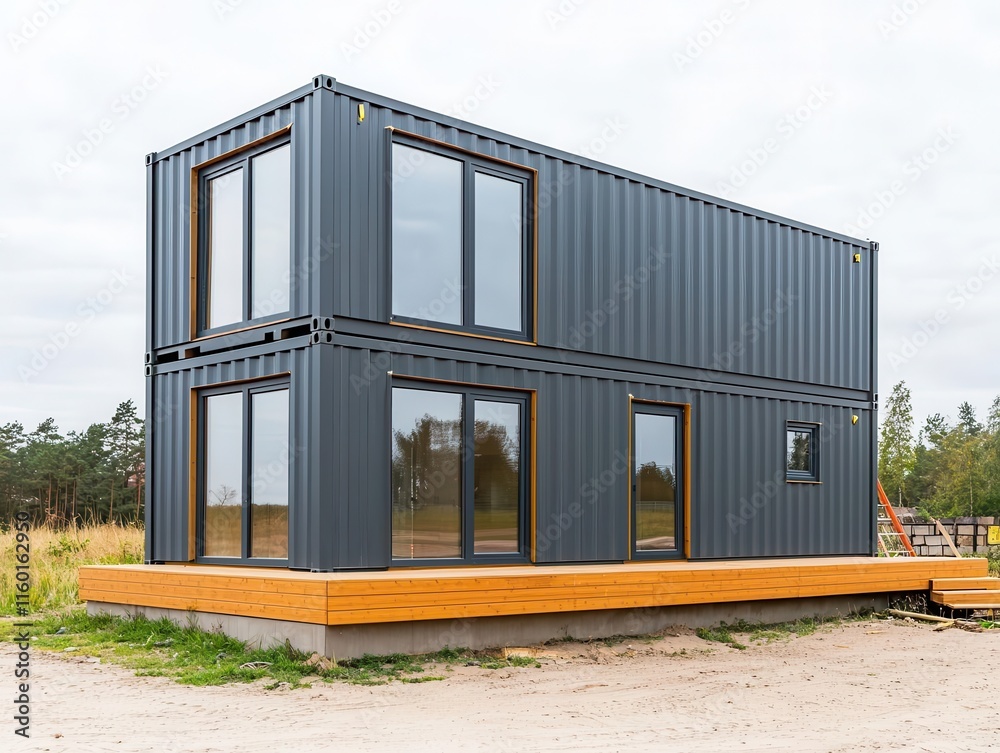 Fototapeta premium A container residence with an attached deck under construction in a coastal area