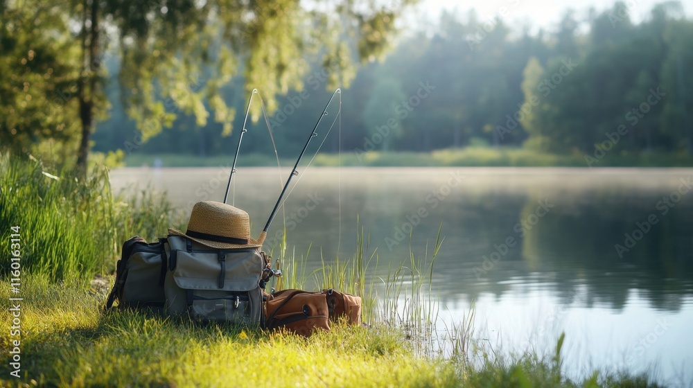 A leisurely fishing scene on a serene lakeside, Fishing gear arranged neatly, Naturalistic outdoor style A leisurely fishing scene on a serene lakeside, Fishing gear arranged neatly, Naturalistic outdoor style