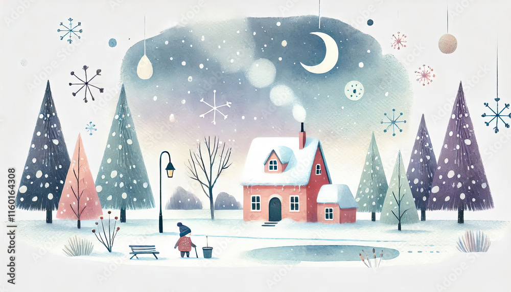 Naklejka premium Watercolor winter scene celebrating World Snow Day with Earth, snowmen, festive houses, and children sledding in cozy pastel colors