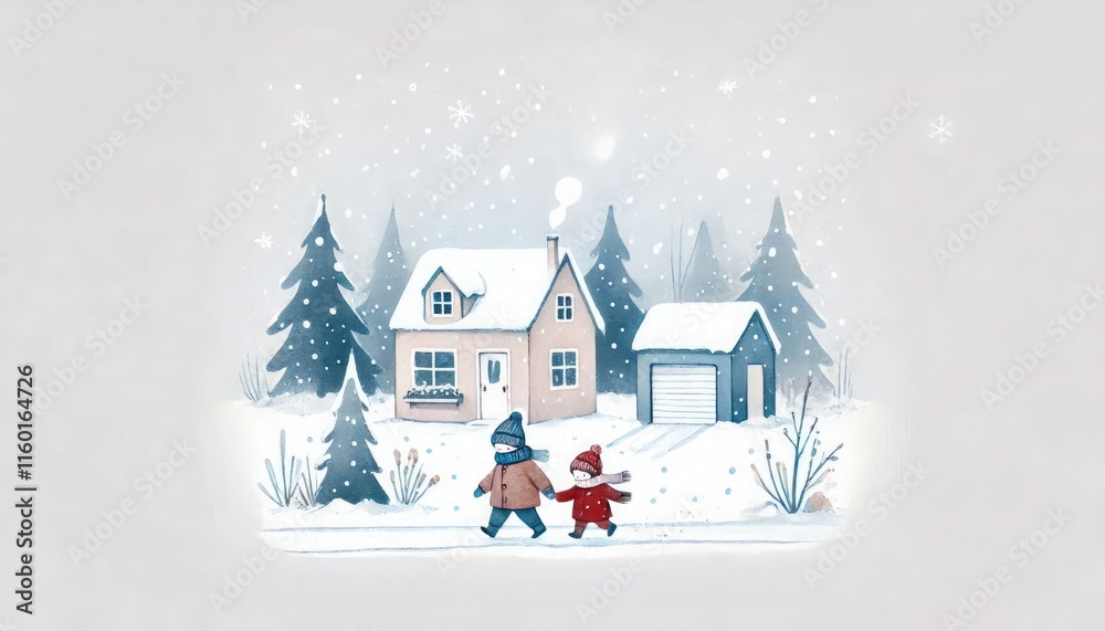 Fototapeta premium Watercolor winter scene celebrating World Snow Day with Earth, snowmen, festive houses, and children sledding in cozy pastel colors