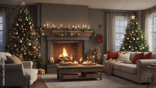 Christmas Living Room with sofa chair bed room home decoration Under the Tree fireplacce interior place window architecture design art.ai generative.