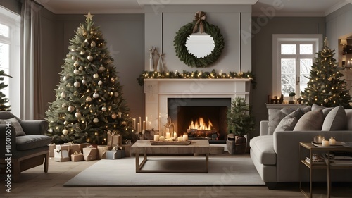 Christmas Living Room with sofa chair bed room home decoration Under the Tree fireplacce interior place window architecture design art.ai generative.