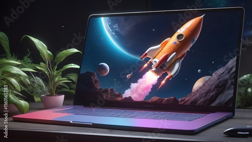 Rocket Launching Space From a Laptop Scree,and neon pink and blue rocket taking off from a laptop computer with a starry background.