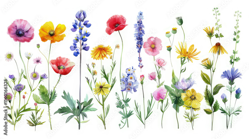 Fototapeta premium A vibrant collection of various wildflowers illustrated in a watercolor style. isolated on white background