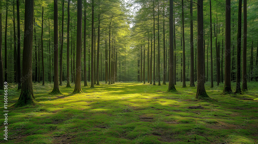 Fototapeta premium dense forest with tall pine trees, dappled sunlight filtering through the canopy, serene atmosphere