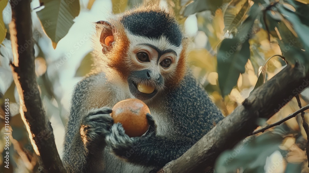 Fototapeta premium Adorable monkey eating fruit in a tree.
