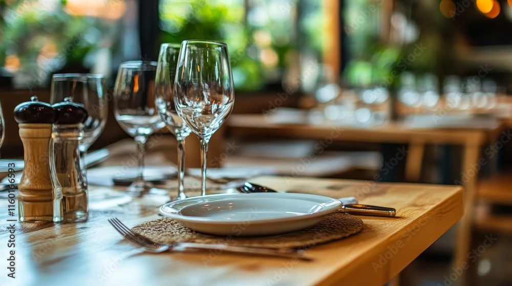 A dining setup featuring glasses, cutlery, and a plate on a wooden table in a restaurant. A dining setup featuring glasses, cutlery, and a plate on a wooden table in a restaurant.