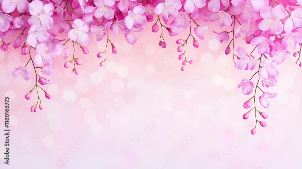 Beautiful pink floral background with delicate blossoms and soft bokeh lights Beautiful pink floral background with delicate blossoms and soft bokeh lights