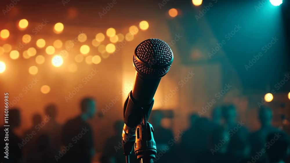 Photo of a microphone on stage with an audience in the background during a conference or live event. Web banner with copy space on the left side, blurred professional speech podium