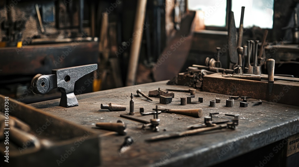 A meticulously arranged metalworking studio, Tools and metal pieces in various stages of creation, Industrial craftsmanship style A meticulously arranged metalworking studio, Tools and metal pieces in various stages of creation, Industrial craftsmanship style