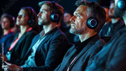 Stylish middle-aged business people sitting in the audience at a conference or meeting, wearing headphones and taking notes while listening to a speaker talk