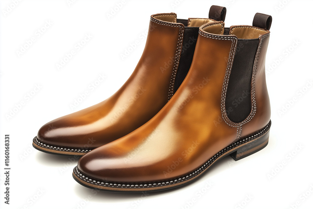 Two brown leather boots with a brown and tan color Generative Ai. Two brown leather boots with a brown and tan color Generative Ai.