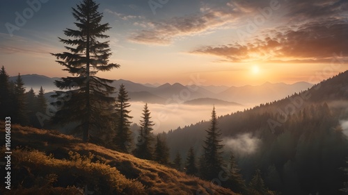 Sunrise in the mountains  Landscape, and ajestic Mountain Sunrise with Foggy Forest Landscape.
