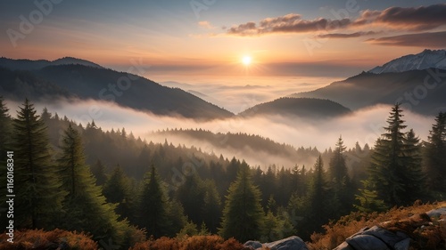 Sunrise over the mountains with sunset Foggy Forest.