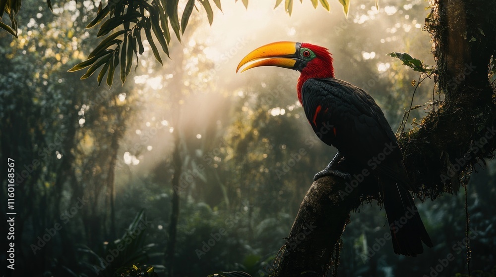Obraz premium A majestic toucan perched on a branch in a sun-dappled rainforest.