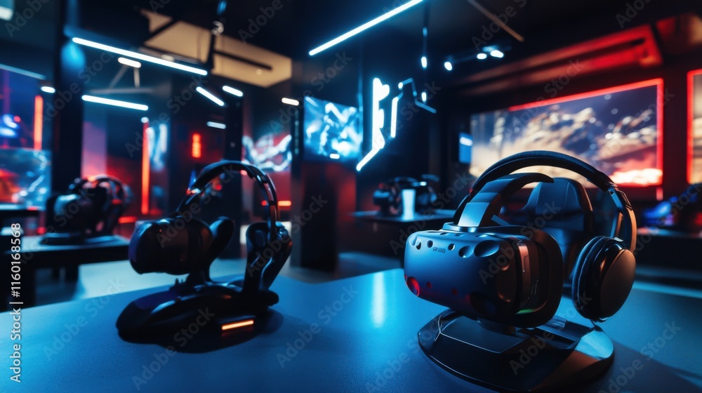 Fototapeta premium A meticulously arranged virtual reality gaming den, VR headsets and immersive gaming setups for virtual adventures, Futuristic gaming style
