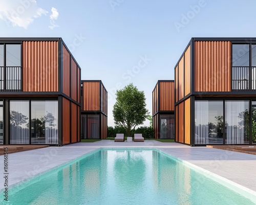 A luxury container community under construction with a central pool and shared amenities