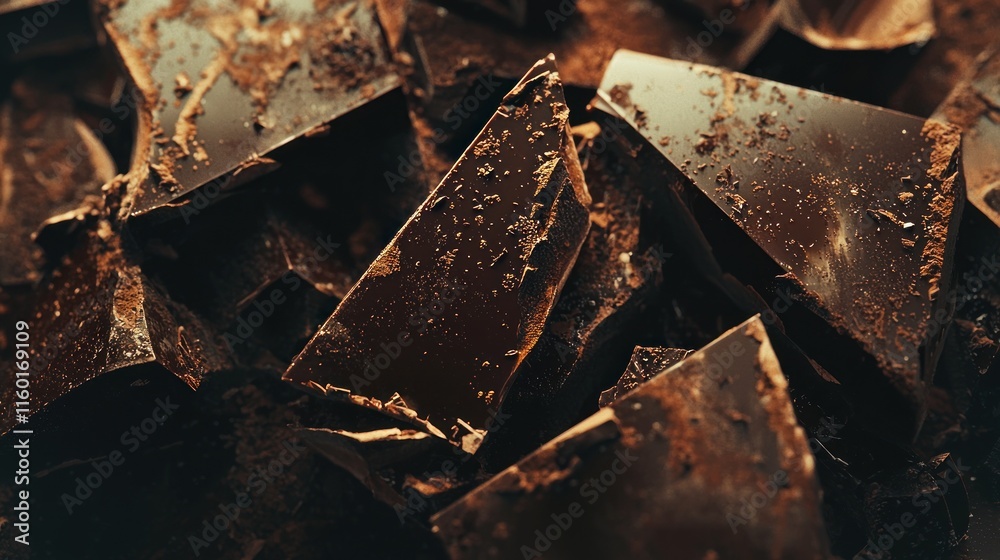 Close-up of broken dark chocolate pieces. Close-up of broken dark chocolate pieces.