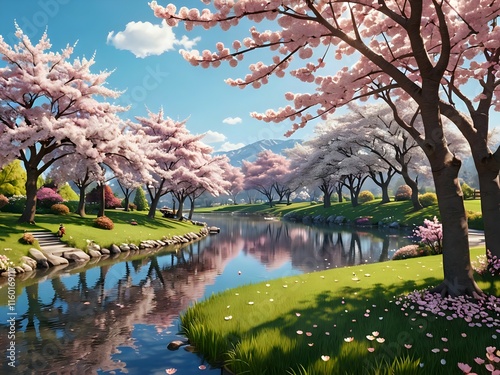 Beautiful park view with cherry trees and small lake, cartoon