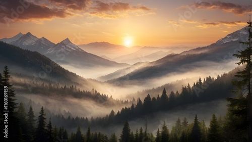 sSunrise in the mountains with majestic Mountain Sunrise with Foggy Forest.