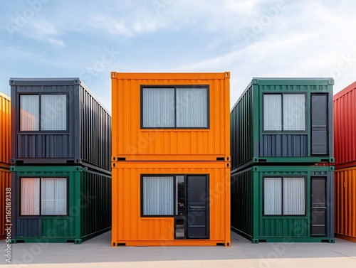 A partially constructed container housing community featuring innovative layouts and shared spaces