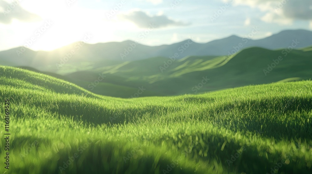 Fototapeta premium Sunlit green rolling hills and grassy landscape.