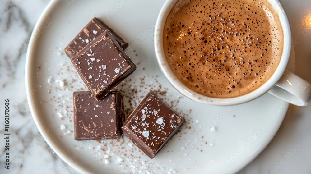 Espresso and salted dark chocolate squares on a plate. Espresso and salted dark chocolate squares on a plate.