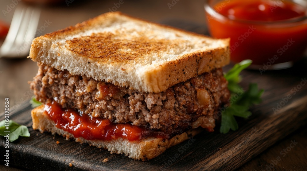 Homemade meatloaf sandwich with ketchup on rustic wooden board Homemade meatloaf sandwich with ketchup on rustic wooden board