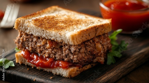 Homemade meatloaf sandwich with ketchup on rustic wooden board