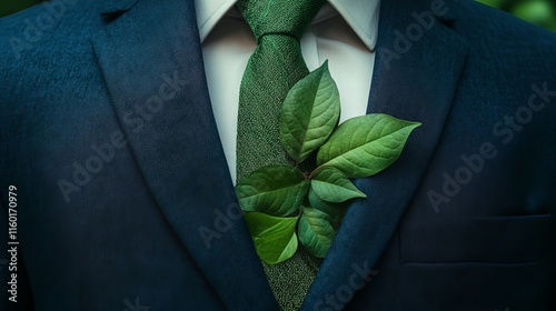 Business suit paired with green leaves as a tie, symbolizing eco-friendly job roles.  photo