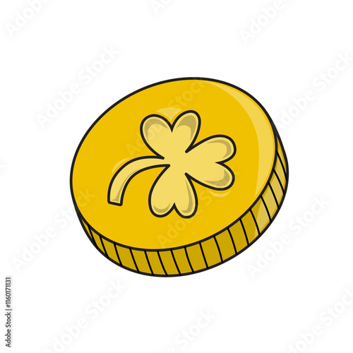 A simple cartoon illustration of a gold coin with a three-leaf clover on it. The coin has a shiny appearance. This image is commonly associated with luck, Ireland, St. Patrick's Day, and treasure.