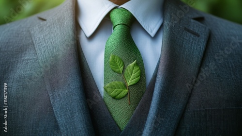 Business suit paired with green leaves as a tie, symbolizing eco-friendly job roles.  photo