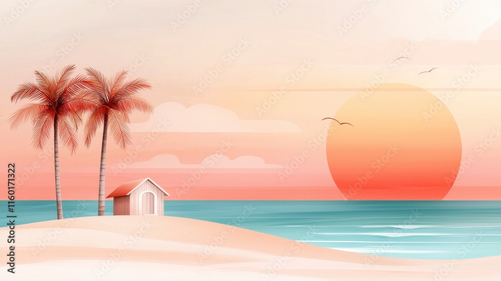 Naklejka premium Serene Beach Scene with Sunset, Tropical Palms, and Tranquil Ocean Vibes