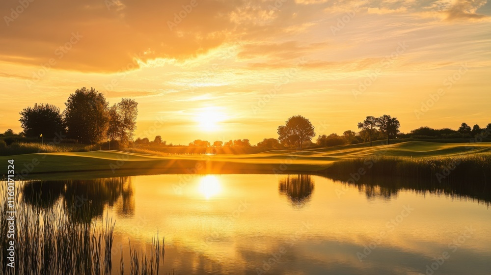Fototapeta premium A modern golf course during a vibrant sunset with reflections on a serene lake, Golf clubs positioned amidst golden hues and mirrored waters, Sunset tranquility style